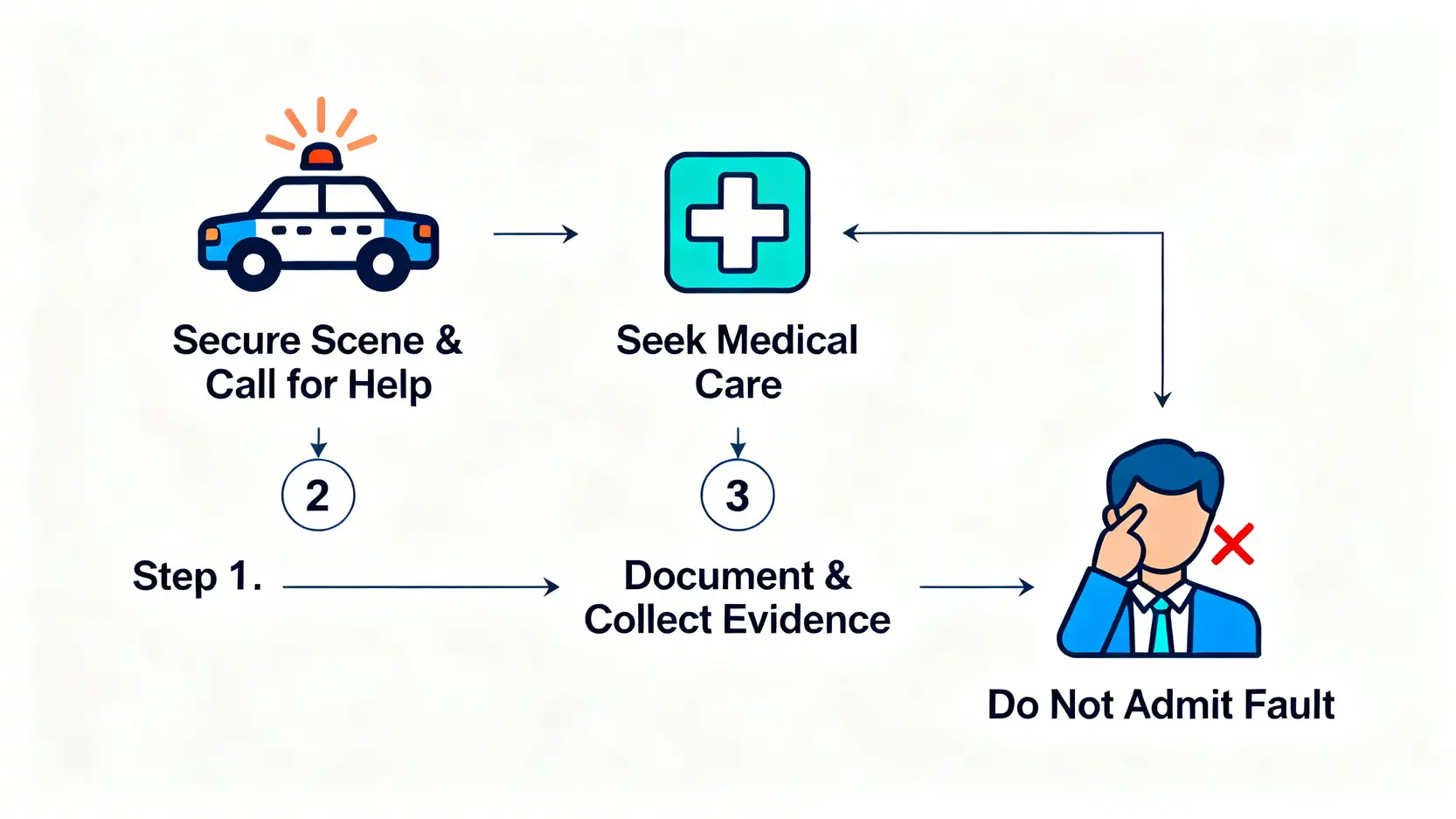 交通意外賠償全攻略:香港律師教你工傷索償、和解程序步驟 3 意外發生後黃金72小時內的四個關鍵處理步驟流程圖,包括保障安全報警、尋求醫療協助、記錄現場細節和切勿承認責任。