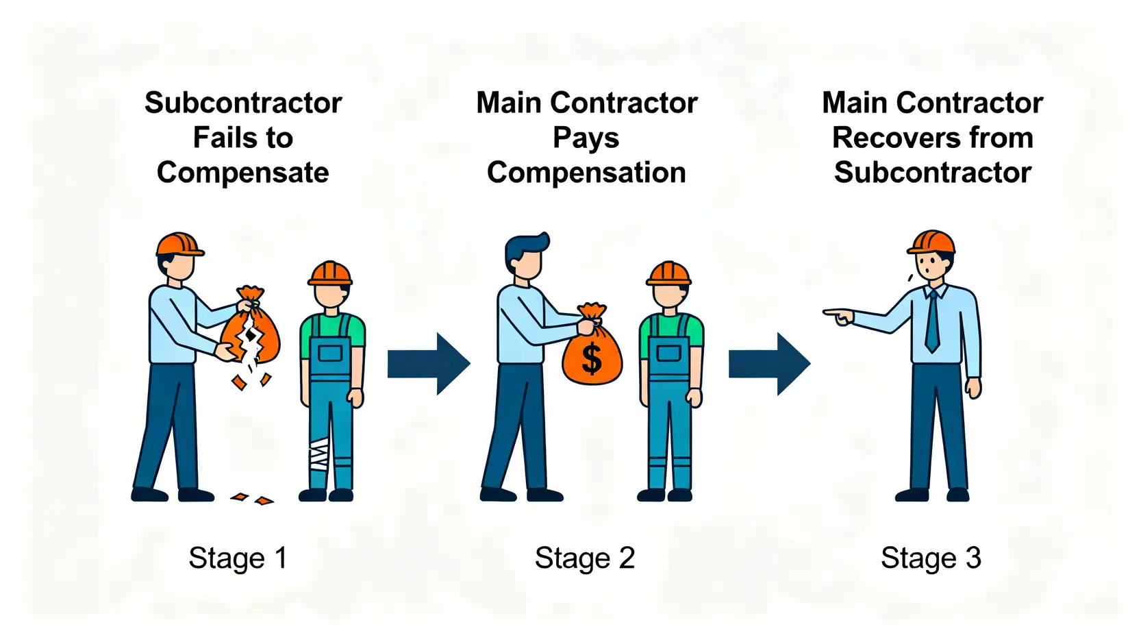 地盤工傷索償指南:判頭走佬點算?5步教你向總承建商成功追討 4 總承建商代位補償責任流程圖,解釋判頭走佬後總承建商如何先賠償再追討。