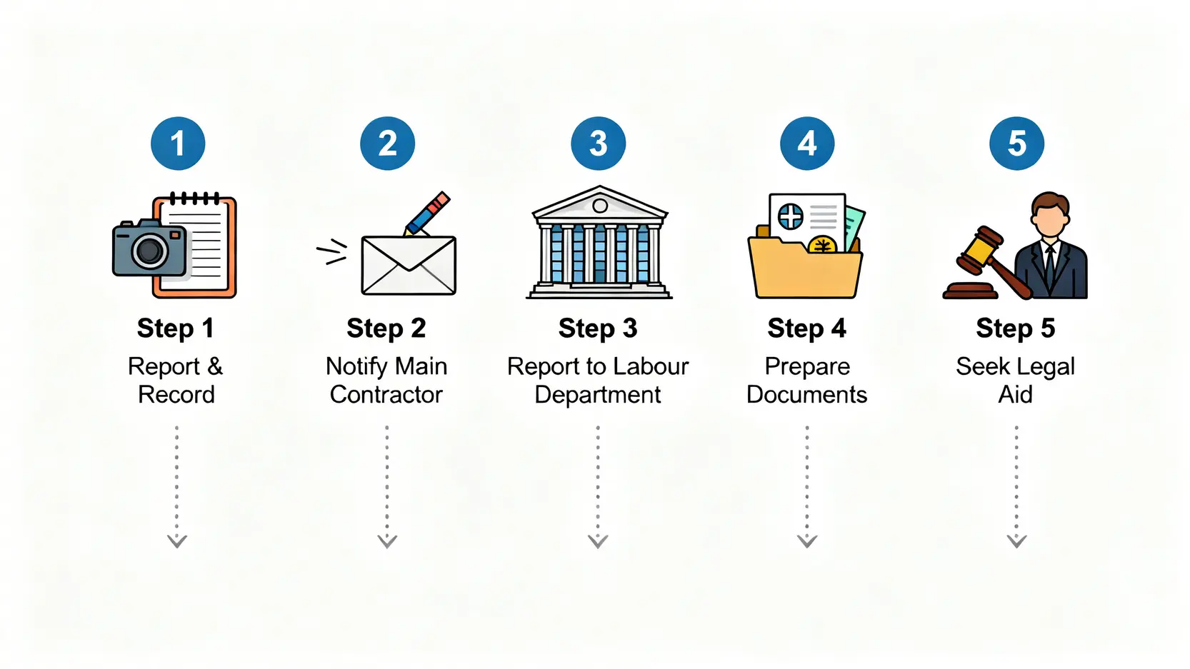 地盤工傷索償指南:判頭走佬點算?5步教你向總承建商成功追討 5 判頭走佬後工傷索償五個步驟的流程圖。