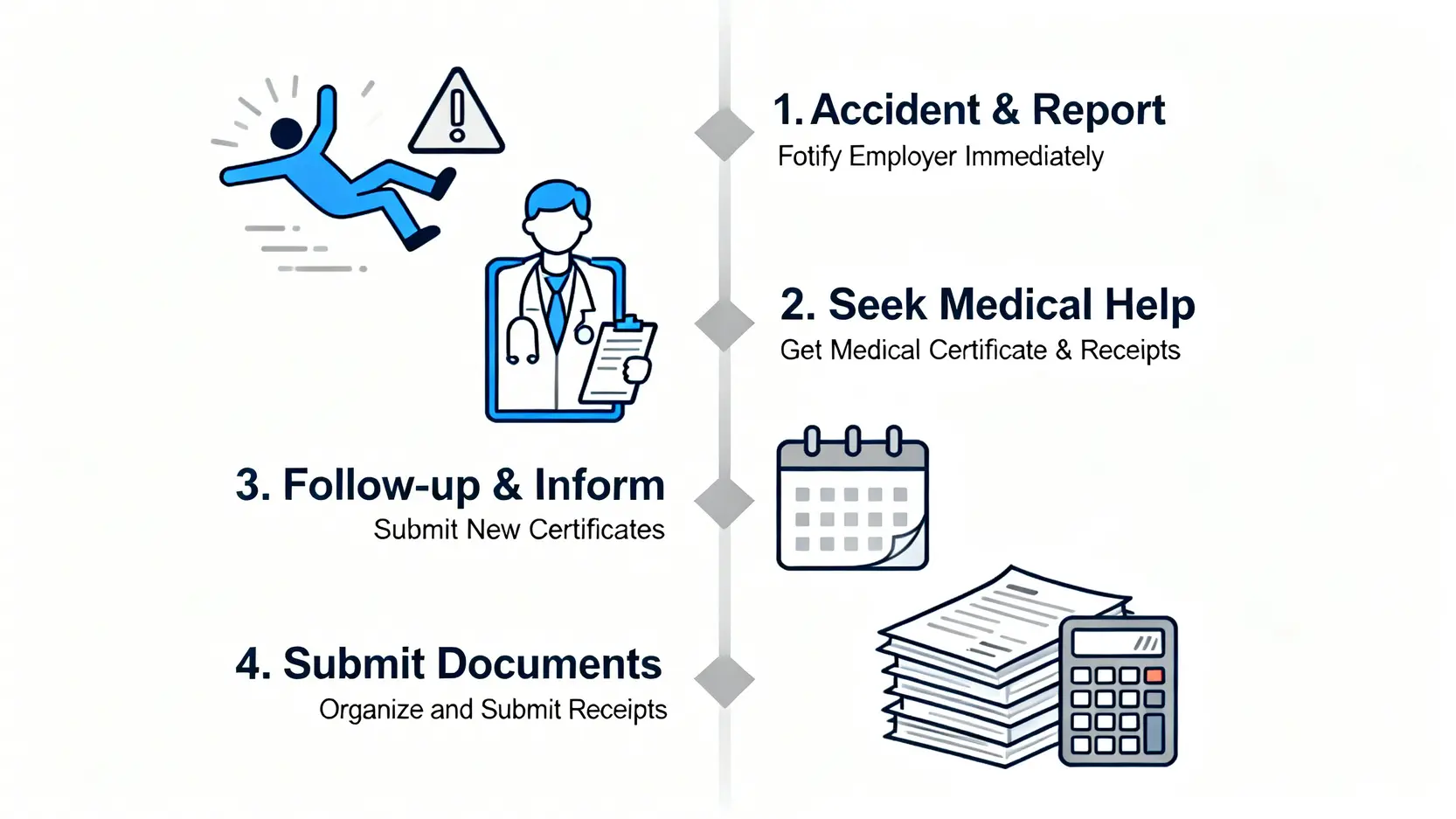 【工傷醫療費用2026】實報實銷上限、覆診程序、交通津貼懶人包 5 工傷索償四步流程圖:第一步意外發生及呈報,第二步求醫並取得文件,第三步覆診及通知,第四步整理提交單據。