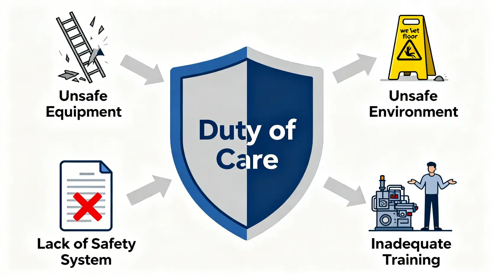 【工傷案例分析】5個香港工傷疏忽索償個案全拆解,判例揭示百萬賠償關鍵 3 一張概念示意圖,解釋了何謂「僱主疏忽」,中心是「謹慎責任」,並圍繞著四種疏忽類型:不安全的設備、不安全的工作環境、缺乏安全系統和培訓不足。
