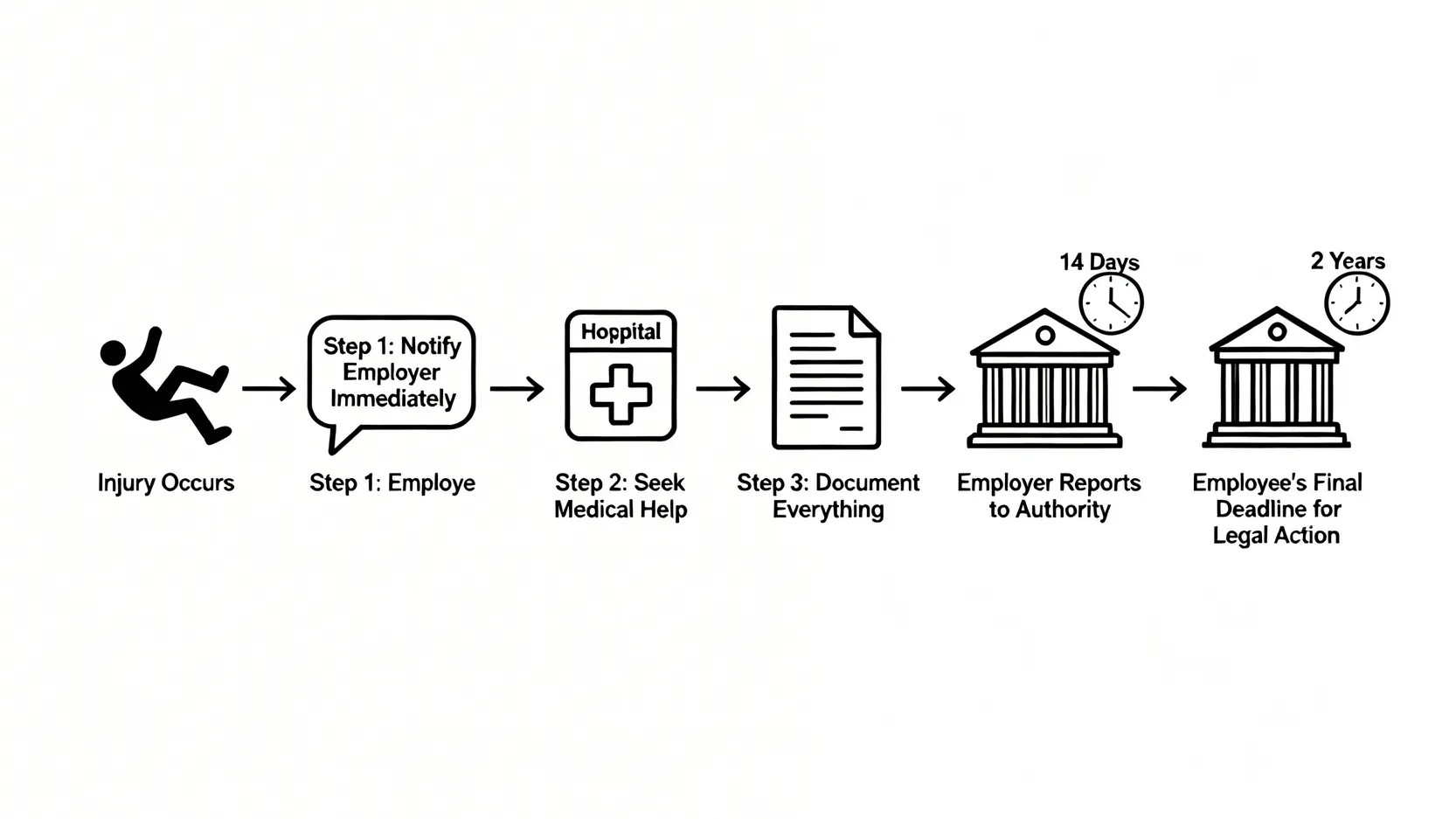 工傷索償時效全攻略:錯過14日呈報/2年追溯期點算? 4 一張工傷索償流程圖,展示了從意外發生、通知僱主、求醫、記錄到最終法律行動的關鍵步驟和時間點。