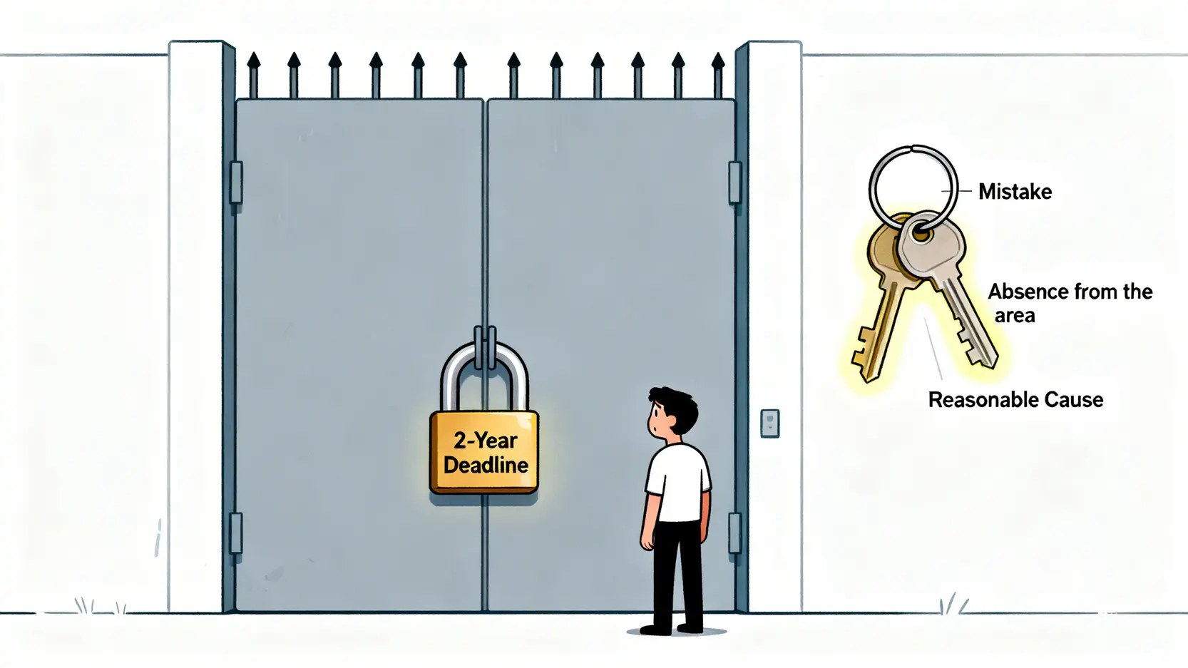 工傷索償時效全攻略:錯過14日呈報/2年追溯期點算? 5 一張概念圖,描繪一扇標有「2年追溯期」的鎖住大門,旁邊有三把分別標示為「錯誤」、「不在港」和「合理因由」的鑰匙,象徵延長時效的特殊條件。