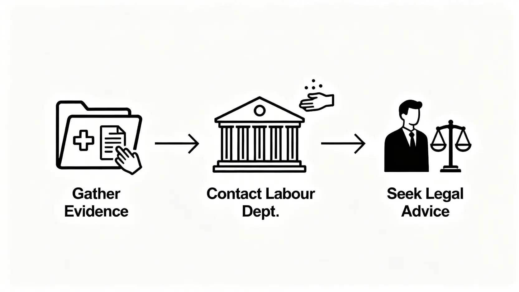 工傷不能解僱?律師拆解《僱員補償條例》解僱保障及應對3步 4 工傷期間被解僱時應對的三個步驟流程圖:搜集證據、向勞工處求助、諮詢法律意見。