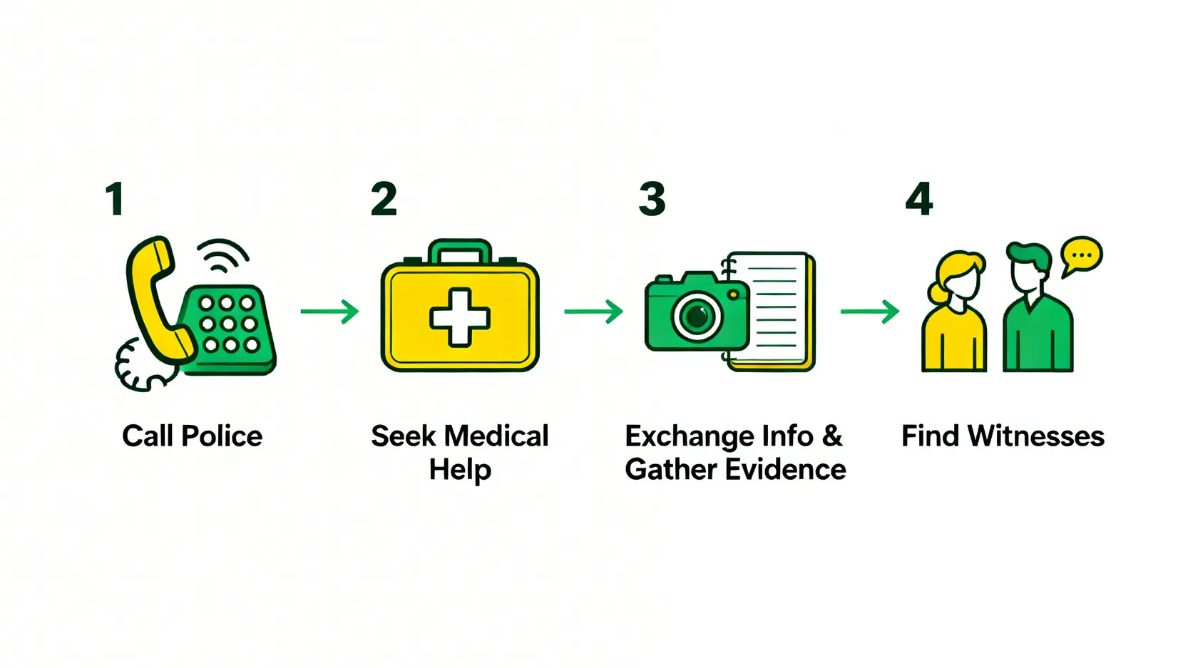 交通意外賠償全攻略:工傷索償、和解程序及律師角色深度解析 4 交通意外發生後的四個關鍵處理步驟流程圖,包括報警、求醫、交換資料與搜證、尋找目擊證人。