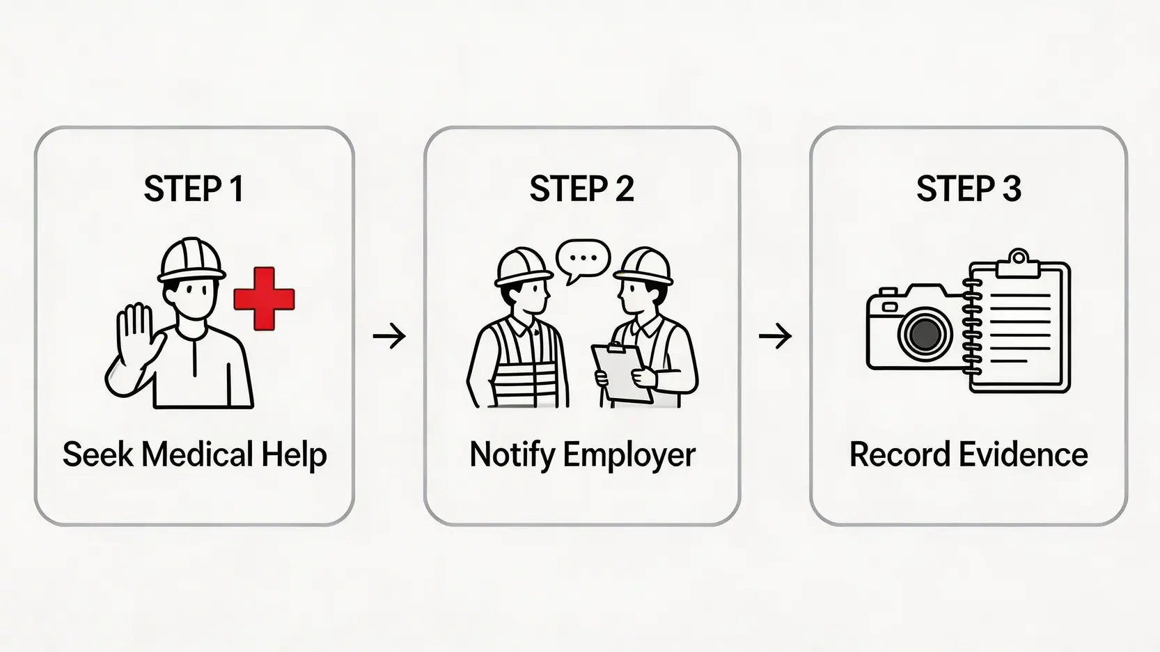 【2026地盤工傷必看】呈報程序、地盤意外賠償計算與條例全攻略 3 地盤工傷意外後立即要做的三件事流程圖:求醫、通知僱主、記錄證據。