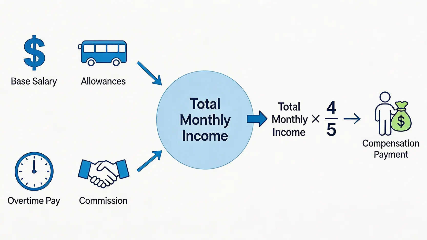 【2026工傷賠償計算懶人包】工傷病假錢點計?一文睇清4/5糧、索償程序、勞工保險 3 一張圖表解釋工傷賠償「五分之四糧」的計算方法,展示了月入包含的項目以及最終的計算公式。