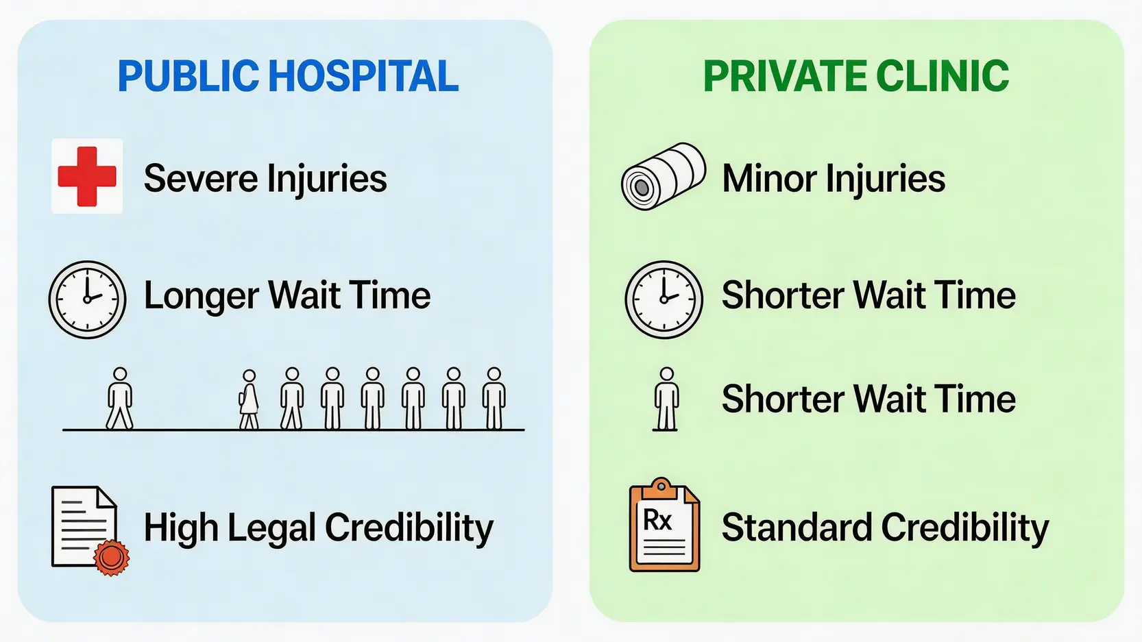 2026工傷睇醫生程序全攻略:公立醫院、病假紙、醫療費報銷懶人包 3 對比圖,顯示工傷後選擇公立醫院與私家醫生的優缺點考量。