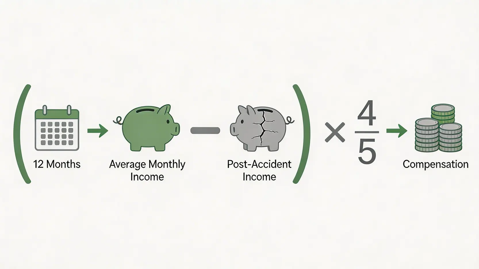 工傷必看!2026工傷病假錢計算:4/5糧點計?唔放病假後果、申報程序全攻略 4 工傷病假錢(五分之四糧)計算公式的示意圖,展示如何從意外前平均月入中減去意外後收入,再乘以五分之四。