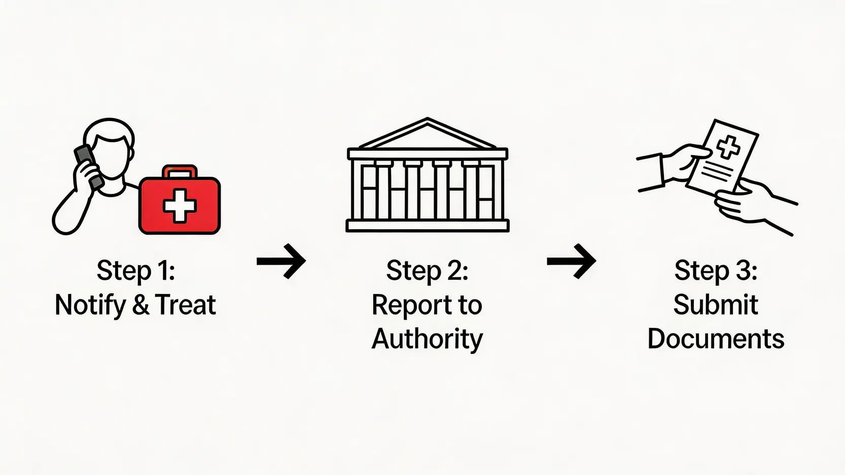 工傷必看!2026工傷病假錢計算:4/5糧點計?唔放病假後果、申報程序全攻略 5 工傷申報及病假申請的三個步驟流程圖,包括即時通知僱主及求診、向勞工處呈報,以及提交病假紙。