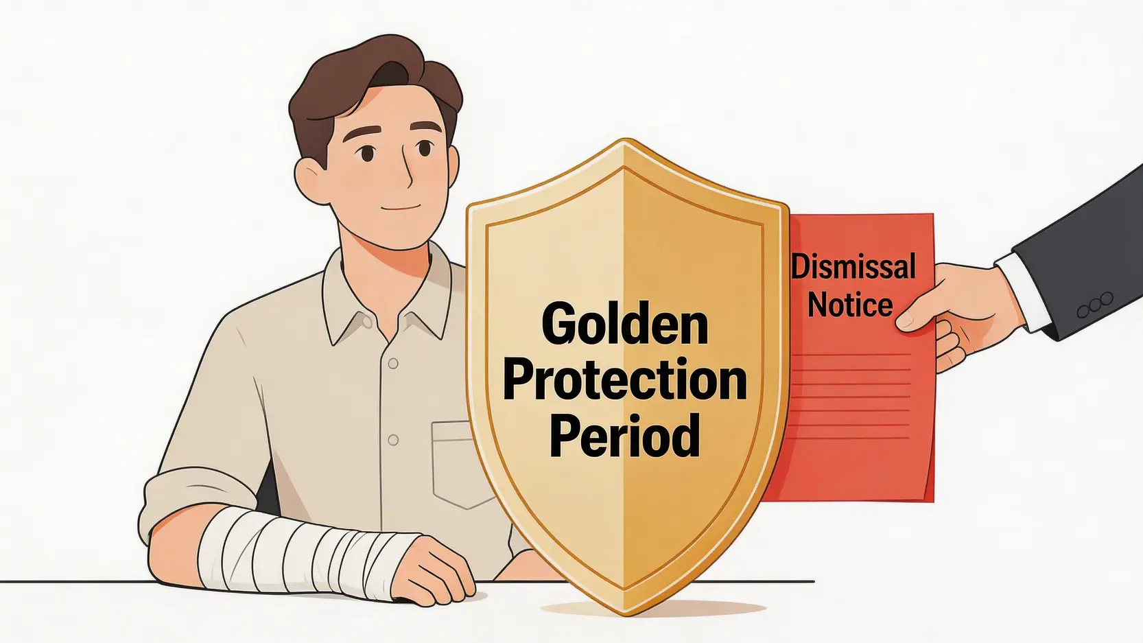2026【工傷期間被解僱?】散工/冇合約自保指南:5步追討不合理解僱賠償 3 一張概念圖,展示一名工傷僱員在「黃金保護期」內受到法律的金色盾牌保護,僱主無法發出解僱通知。