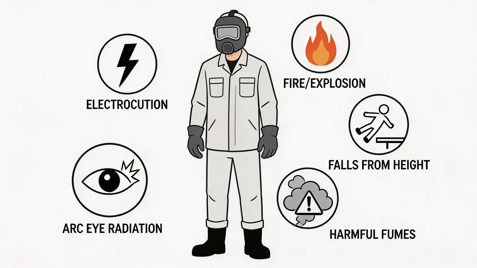 燒焊工傷意外完全指南:5大常見風險及電弧眼處理方法 3 地盤燒焊五大常見風險示意圖,包括觸電、火災、高處墮下、有害氣體和電弧眼。