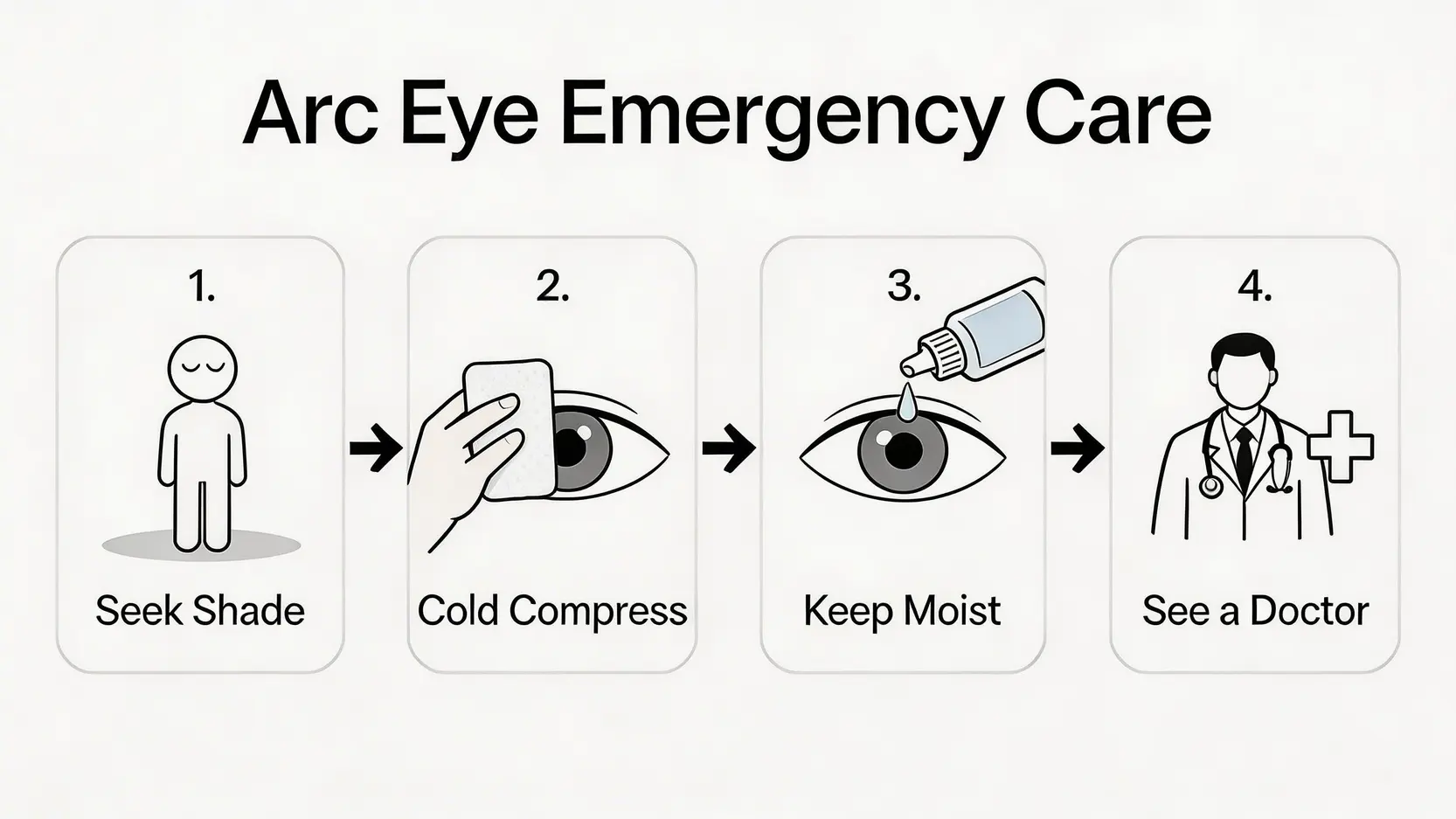 燒焊工傷意外完全指南:5大常見風險及電弧眼處理方法 4 電弧眼緊急處理四個步驟,包括避光休息、冷敷紓緩、保持濕潤及盡快求醫。