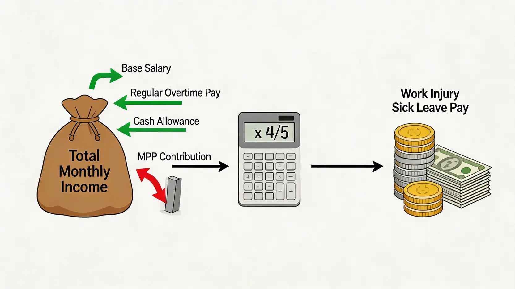 【2026工傷懶人包】工傷病假錢點計?判傷程序、病假紙要求、睇醫生權益一文睇清 3 一張解釋工傷病假錢計算方法的示意圖,展示了哪些收入項目被納入計算並乘以五分之四。