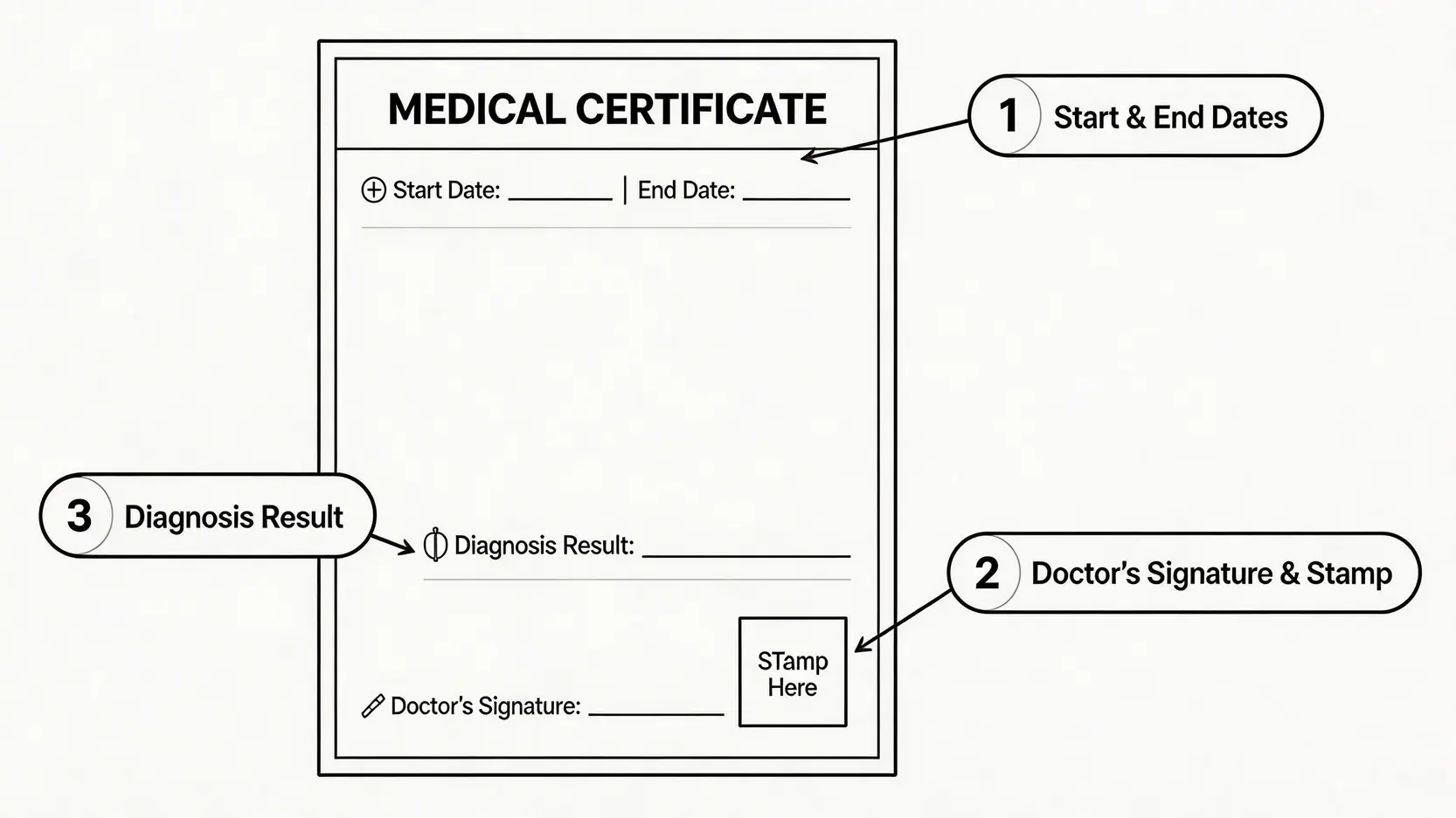 【2026工傷懶人包】工傷病假錢點計?判傷程序、病假紙要求、睇醫生權益一文睇清 4 一張展示有效工傷病假紙三大關鍵要求的圖表,包括清晰日期、醫生簽署蓋章和診斷結果。