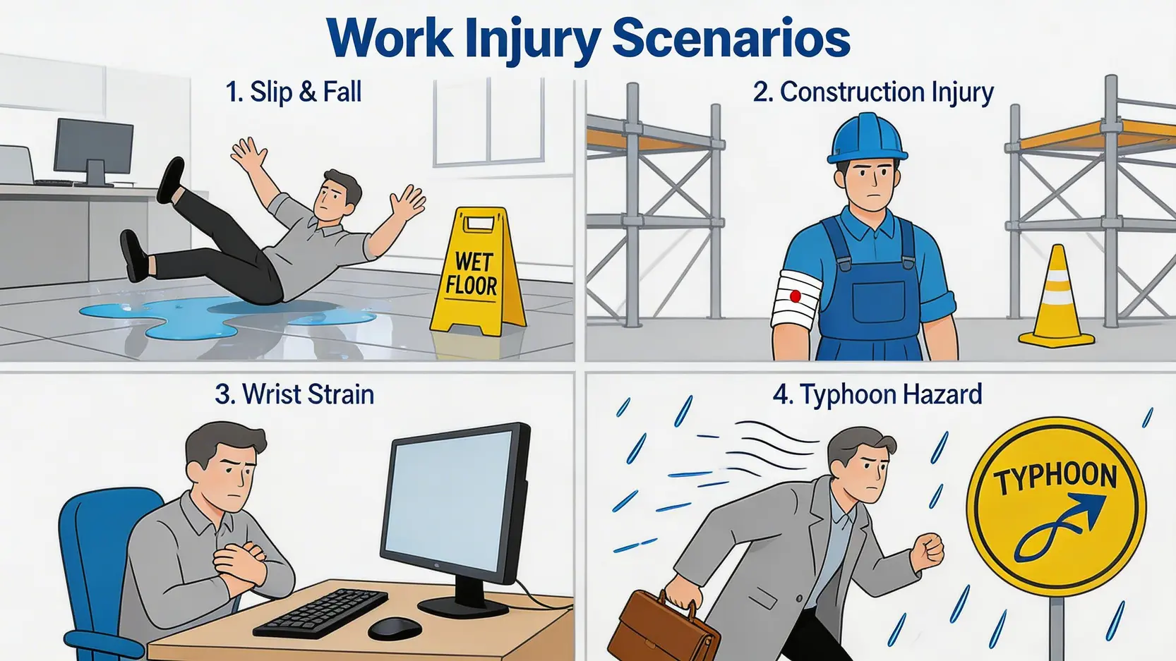 工傷點報?香港工傷定義、勞工處呈報程序、14日呈報期限2026全攻略 3 一張概念圖,展示了四種常見的香港工傷情境:辦公室滑倒、地盤受傷、職業病(手腕痛)以及在颱風天氣下通勤途中發生意外。
