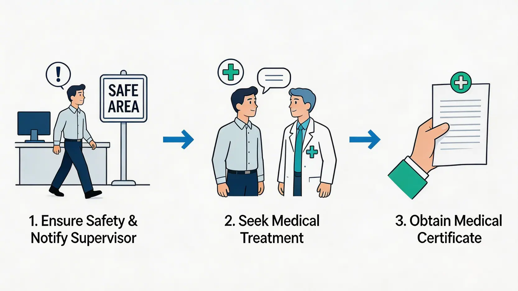 2026必讀【公務員工傷懶人包】教師、房署、文職人員工傷呈報及索償全攻略 3 公務員工傷後立即採取的3個黃金步驟流程圖,包括確保安全、通知上級和盡快求醫。