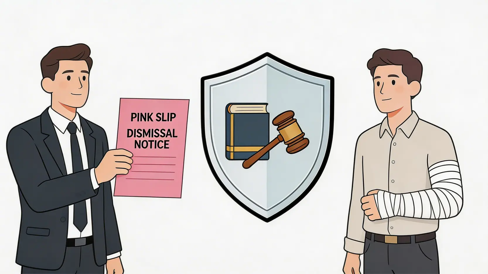 工傷後被解僱點算?即學工傷索償程序、4/5糧計算及離職後醫療費用追討 5 法律保障工傷僱員示意圖,一個法律盾牌保護著受傷員工免於被解僱。