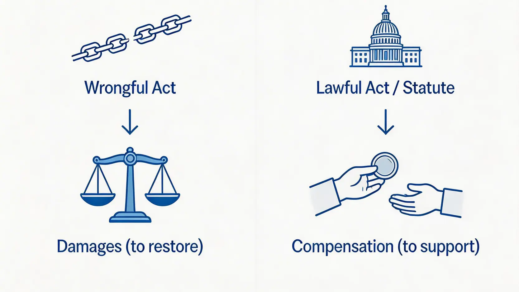 2026年工傷補償 vs. 交通意外賠償 終極指南 | 5大案例釐清法律定義與分別 3 「賠償」與「補償」的根本區別概念圖,展示了不法行為導致賠償,而合法行為導致補償的路徑。
