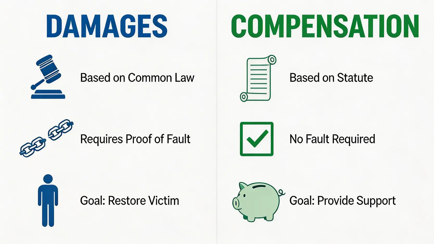 2026年工傷補償 vs. 交通意外賠償 終極指南 | 5大案例釐清法律定義與分別 4 一張對比圖,詳細比較了法律上的「賠償」與「補償」在法律基礎、前提條件和最終目的上的主要分別。