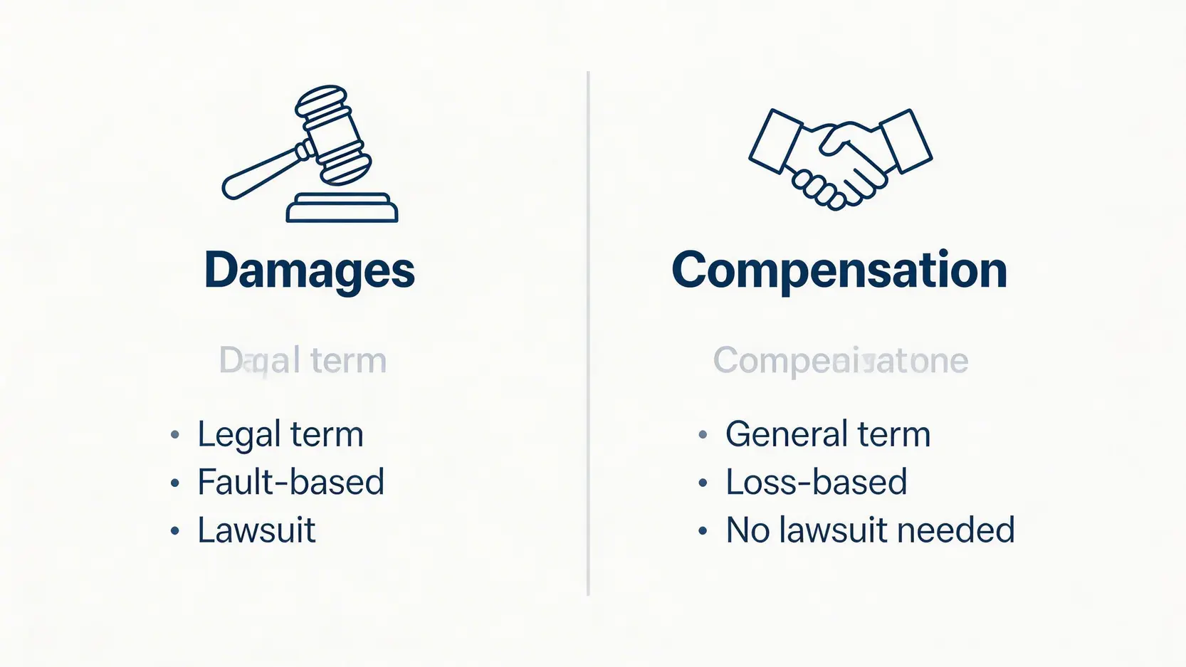 2026律師指南:賠償協議書英文全解析|搞懂賠償損失英文與 Claim for Damages 3 Damages 與 Compensation 兩個英文法律詞彙的對比圖,解釋了它們在法律情境和一般情境下的不同用法。
