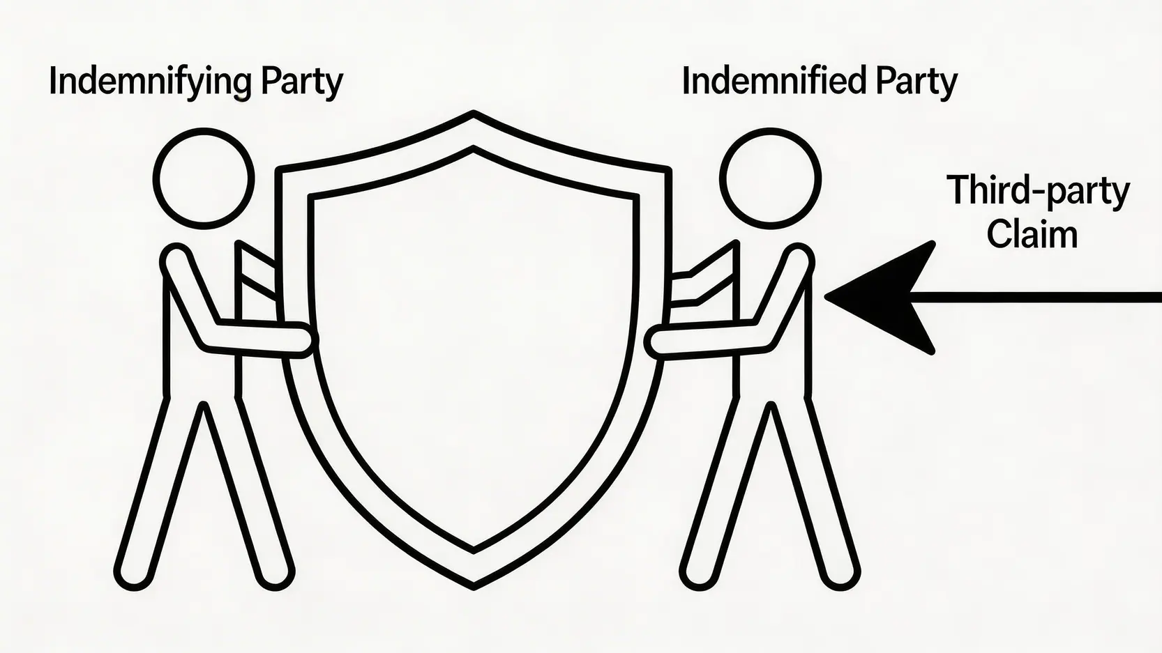 2026律師指南:賠償協議書英文全解析|搞懂賠償損失英文與 Claim for Damages 4 一張概念示意圖,展示 Indemnity(彌償)的原理:一方(彌償方)為另一方(受償方)提供保護,擋住來自第三方的索償風險。