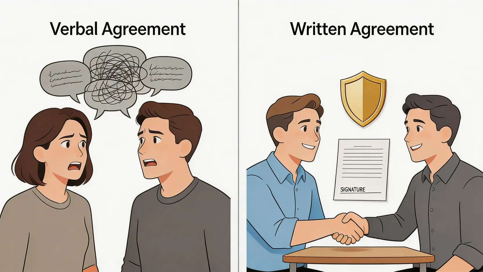 賠償協議書範本香港 2026 年版|免費下載 + 5大簽署注意事項(附解說) 3 口頭協議與書面和解協議書的對比圖,展示了書面協議的清晰性與法律保障。