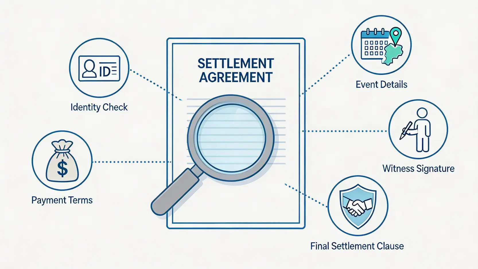 賠償協議書範本香港 2026 年版|免費下載 + 5大簽署注意事項(附解說) 4 簽署和解協議書前需核對的五大關鍵事項信息圖,包括核實身份、事件細節、賠償條款、最終解決條款和見證人。