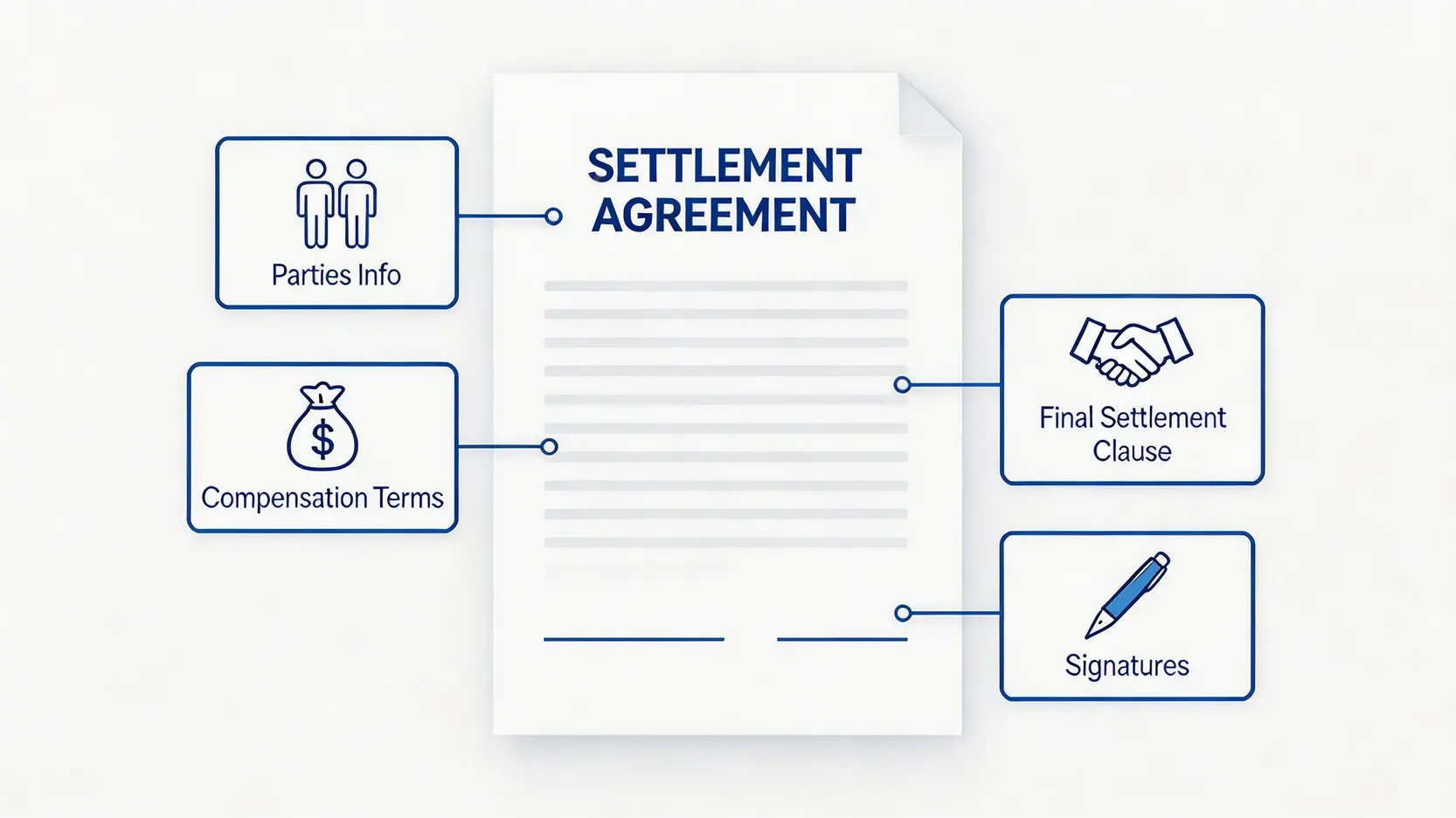 2026年民事索償程序全攻略:賠償和解書及小額錢債審裁處程序一篇睇晒 3 一份有效的賠償和解書應包含的關鍵條款示意圖,包括各方資料、賠償條款、最終解決條款及簽署欄。