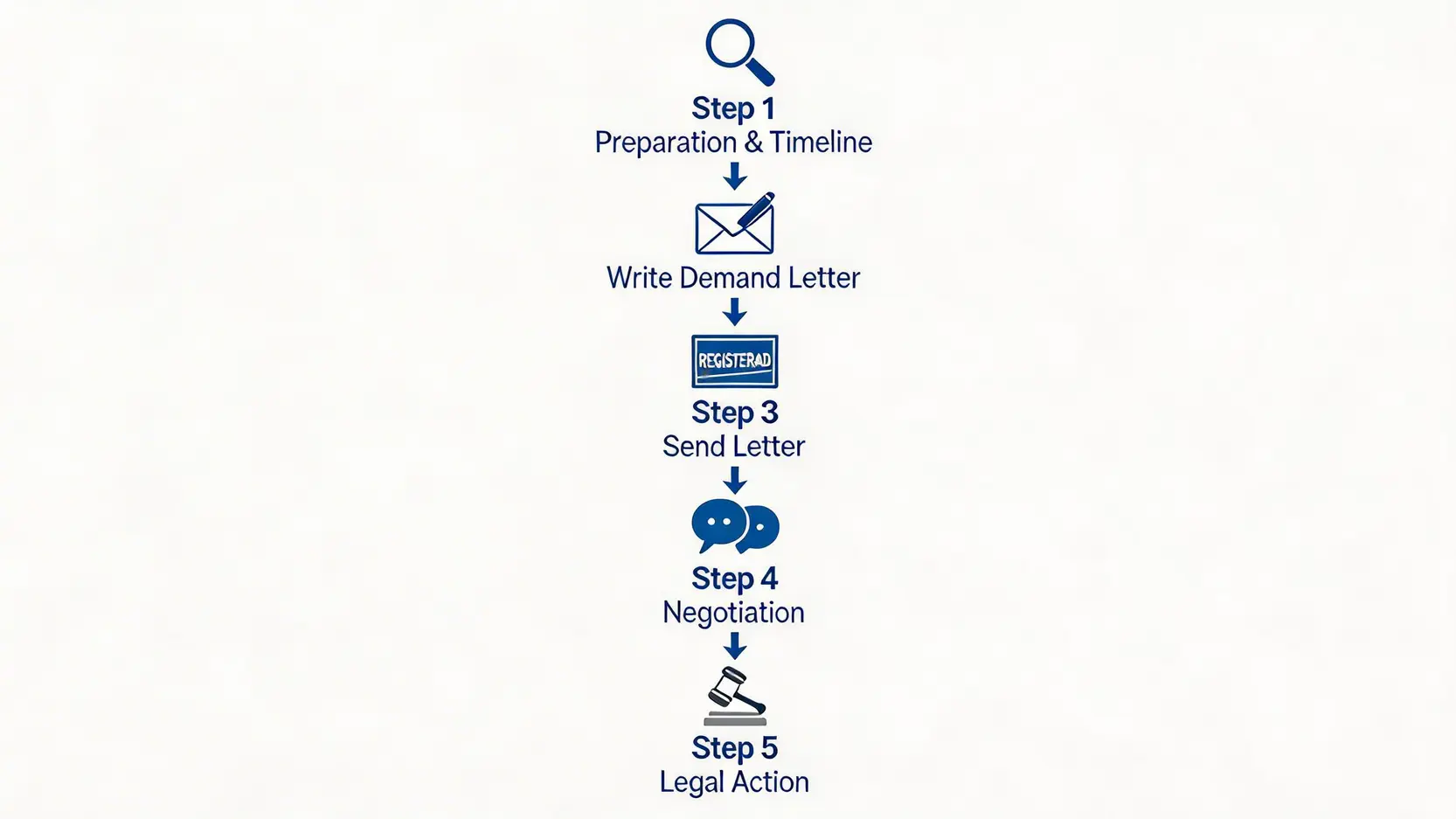 2026如何追討賠償?5步完成:索償信範本 × 法律程序全解(交通意外/工傷適用) 3 要求賠償的五個步驟流程圖,從準備、寫信、寄信到談判及法律行動。