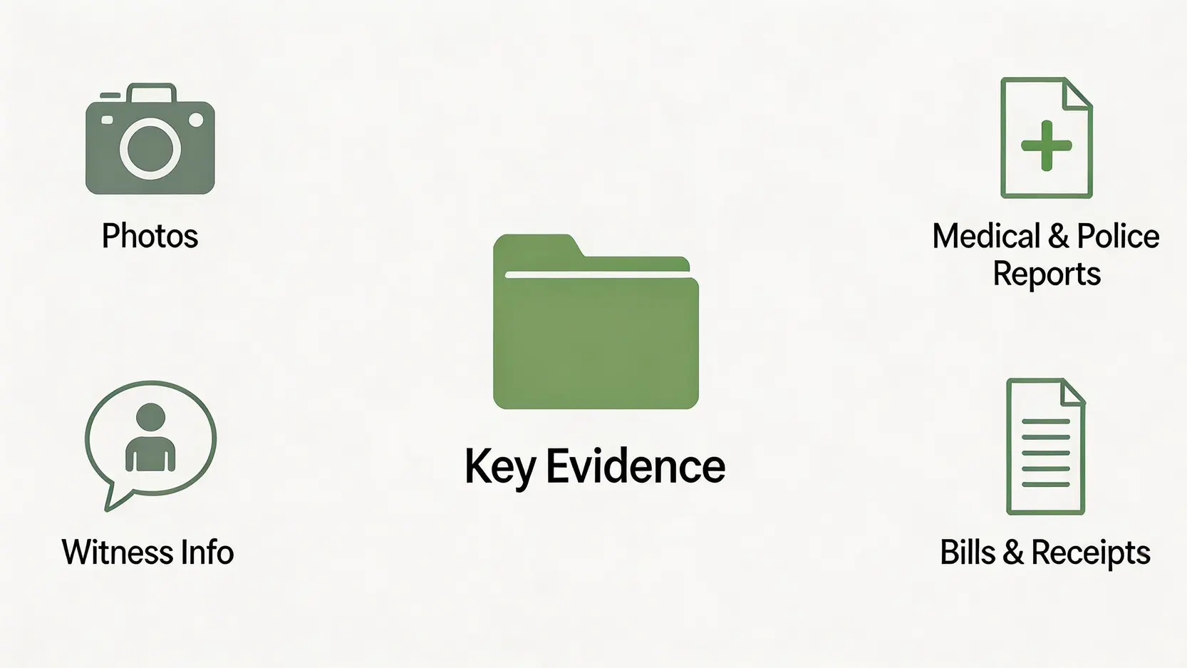 2026如何追討賠償?5步完成:索償信範本 × 法律程序全解(交通意外/工傷適用) 4 搜集索償關鍵證據的示意圖,包含照片、醫療報告、證人資料和費用單據。