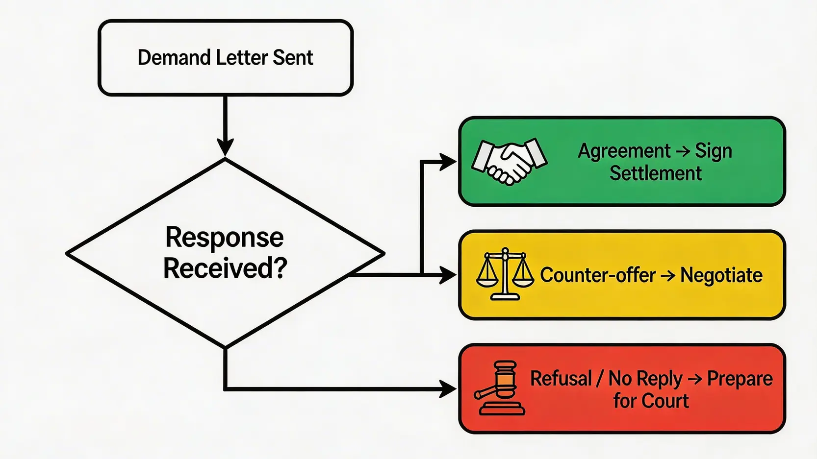 2026如何追討賠償?5步完成:索償信範本 × 法律程序全解(交通意外/工傷適用) 5 索償信寄出後對方三種可能的回應及應對策略流程圖。