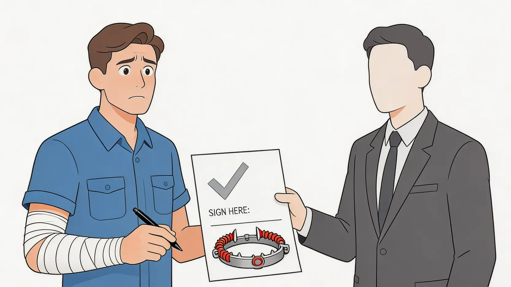 【2026工傷陷阱求生指南】避開5大陷阱,應對解僱、離職及和解全攻略 3 一名受傷工人正要簽署一份藏有捕獸器陷阱的和解文件,象徵工傷和解的潛在風險。