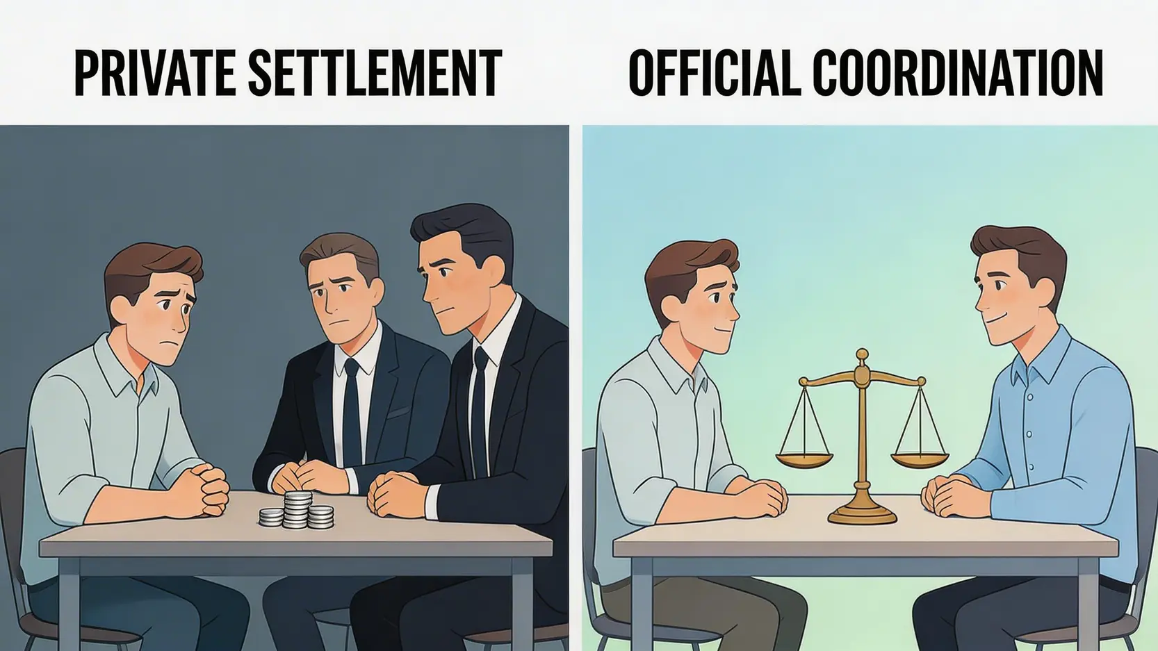 【2026工傷陷阱求生指南】避開5大陷阱,應對解僱、離職及和解全攻略 4 「私了」和解與經勞工處協調和解的對比圖,顯示前者風險高,後者有保障。