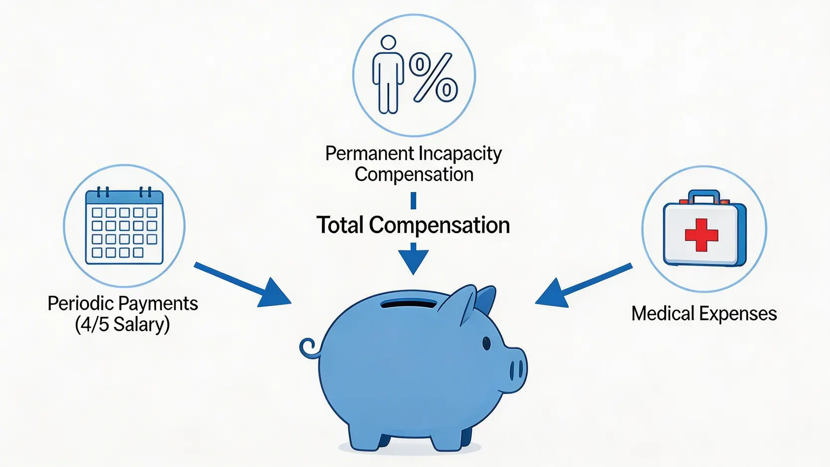 2026工傷申報程序全攻略:4/5糧計算、病假上限與賠償權益一文看清 4 工傷賠償三大組成部分示意圖,包括按期付款、永久喪失工作能力補償及醫療費用。