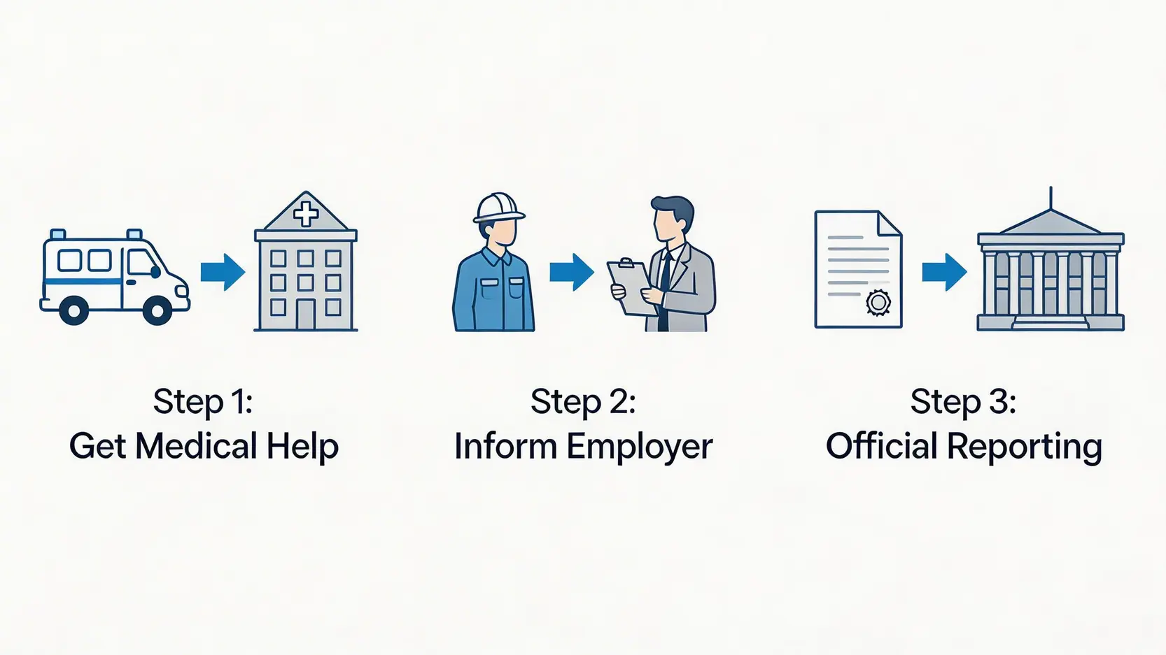 建造業工傷索償懶人包2026:處理程序、賠償計算與支援計劃完整解析 3 地盤工傷意外發生後的三個黃金處理步驟流程圖,包括即時送院、通知僱主及僱主呈報勞工處。