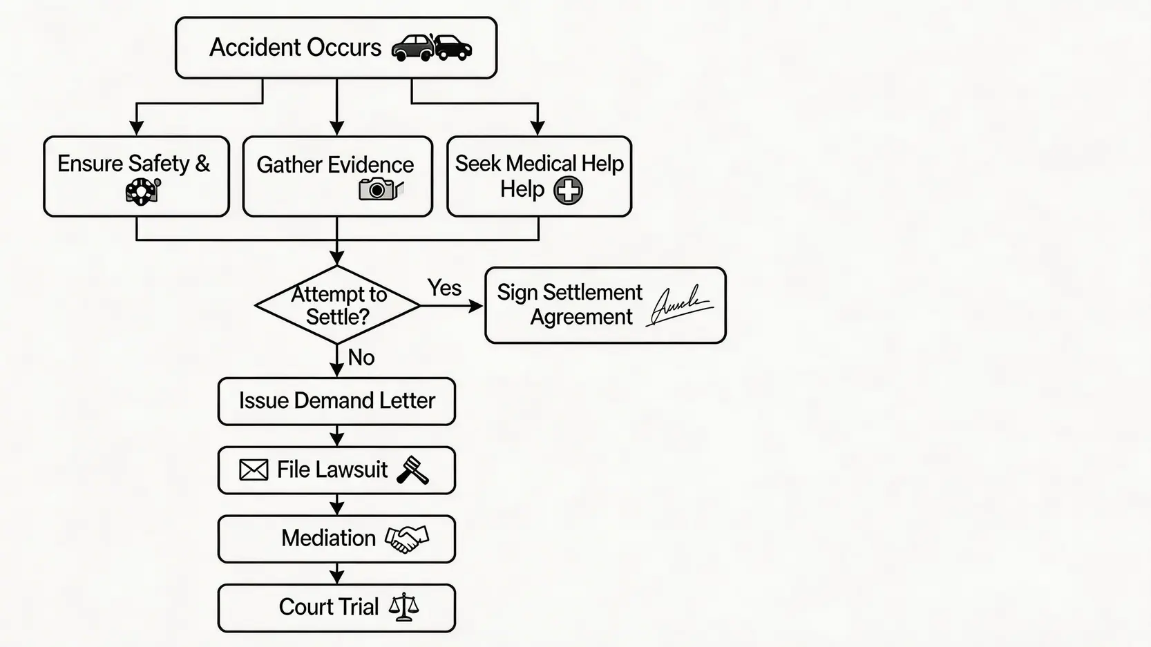 2026意外賠償全攻略:交通意外與工傷索償,香港律師教你如何Claim 4 一張交通意外賠償索償的流程圖,展示從意外發生、報警搜證、嘗試和解到提出民事索償的完整步驟。