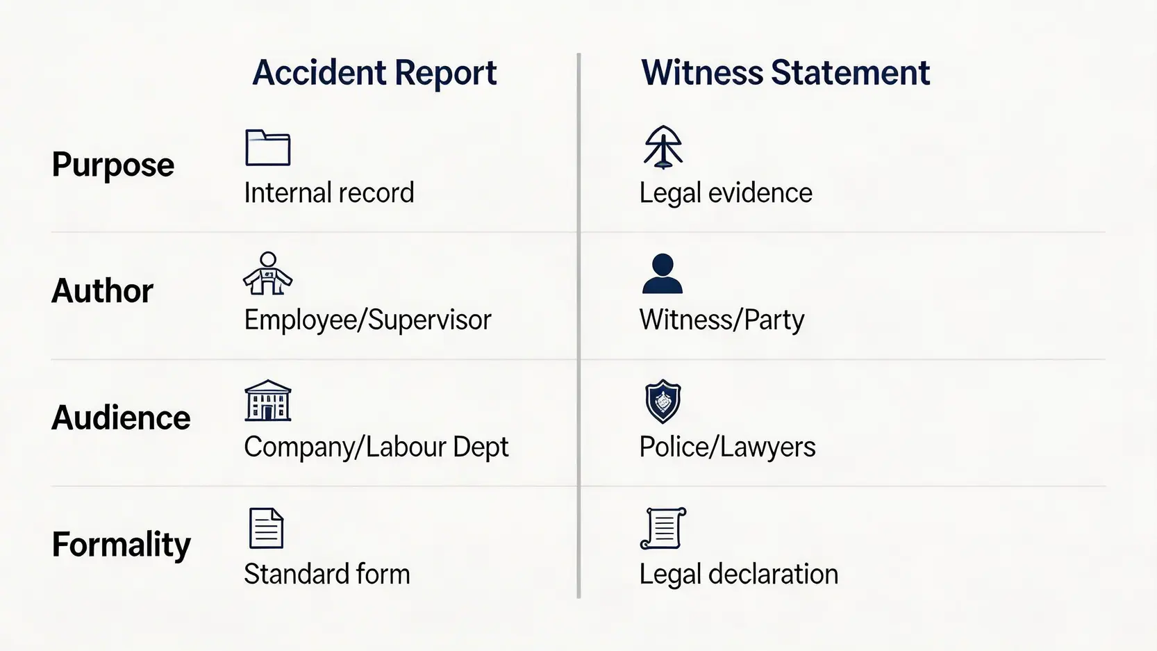 【2026工傷意外英文全攻略】意外報告 (Accident Report) 及口供紙 (Statement) 撰寫指南 4 意外報告與口供紙的對比圖,比較了兩者在目的、作者、呈報對象和法律性質上的主要區別。