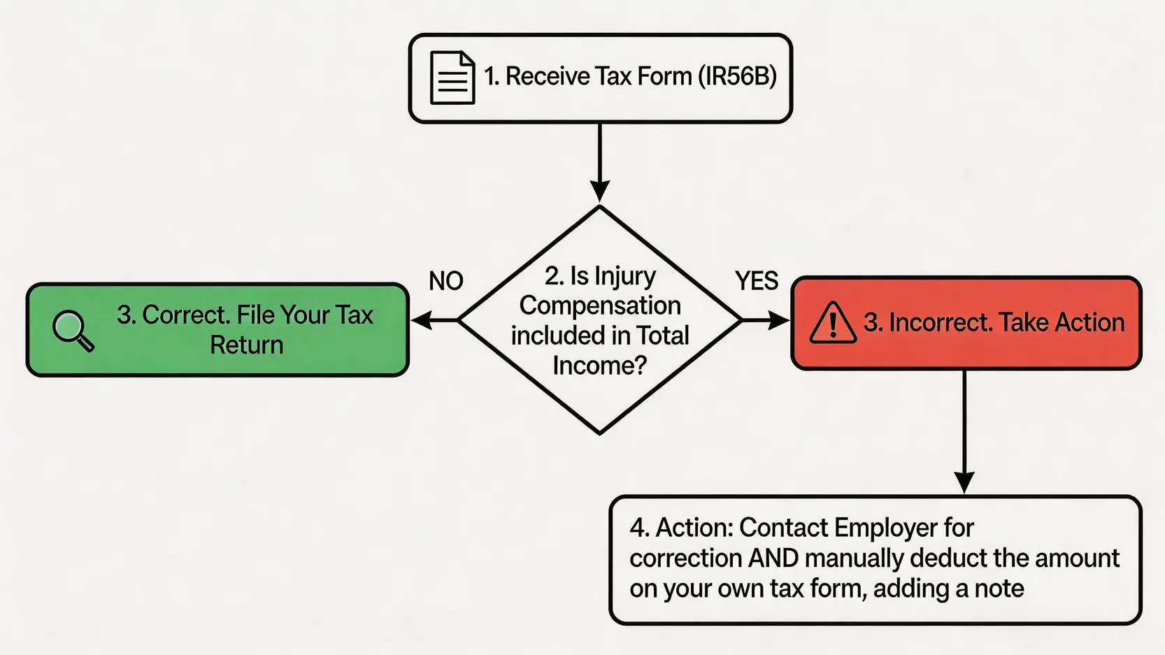 【2026最新】工傷賠償報稅必讀:僱員補償金要唔要交稅?稅務局指引懶人包 4 一份流程圖,指導用戶如何核對IR56B報稅表,以及當工傷賠償被錯誤計入時的正確處理步驟。