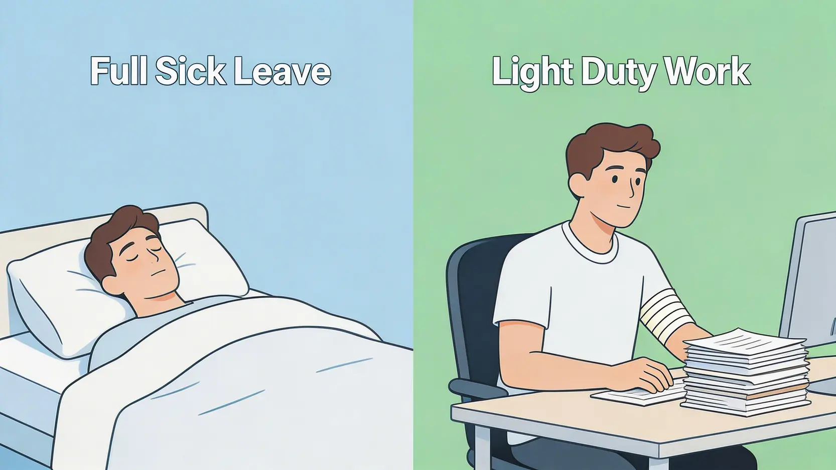 【2026最新工傷懶人包】輕工紙、銷假紙、表格5號點分?一文睇清工傷流程權益 3 一張對比圖,展示「輕工紙」與普通病假紙的分別,左邊是完全休息,右邊是執行輕便工作。