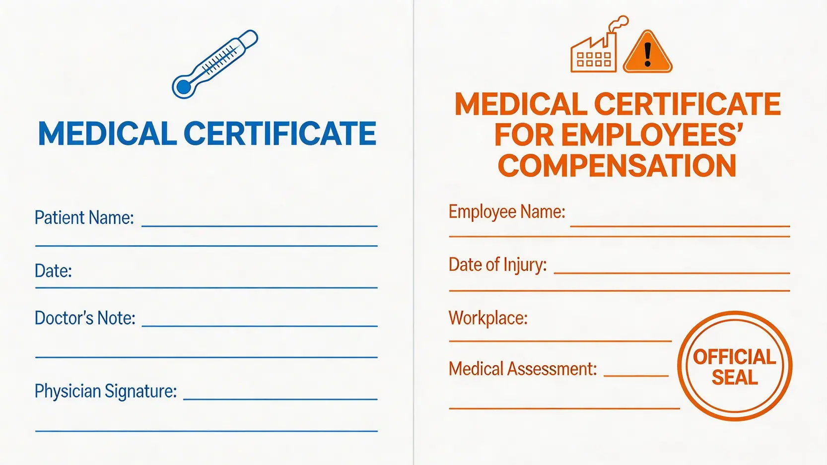 「2026醫生紙/工傷病假紙」英文點寫?香港SickLeaveCertificate法律效力與用法指南 3 一張對比圖,展示普通病假單與工傷病假證明在標題和象徵圖示上的區別。