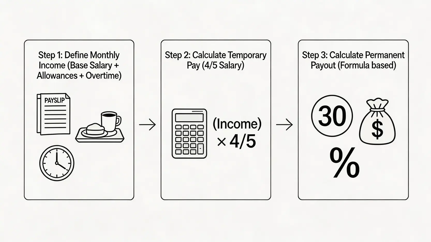 【2026】工傷賠償計算方法:4/5糧點計?追溯期、年資影響懶人包 4 工傷賠償計算的三個步驟流程圖,從釐定月收入到計算4/5糧和永久傷殘賠償。