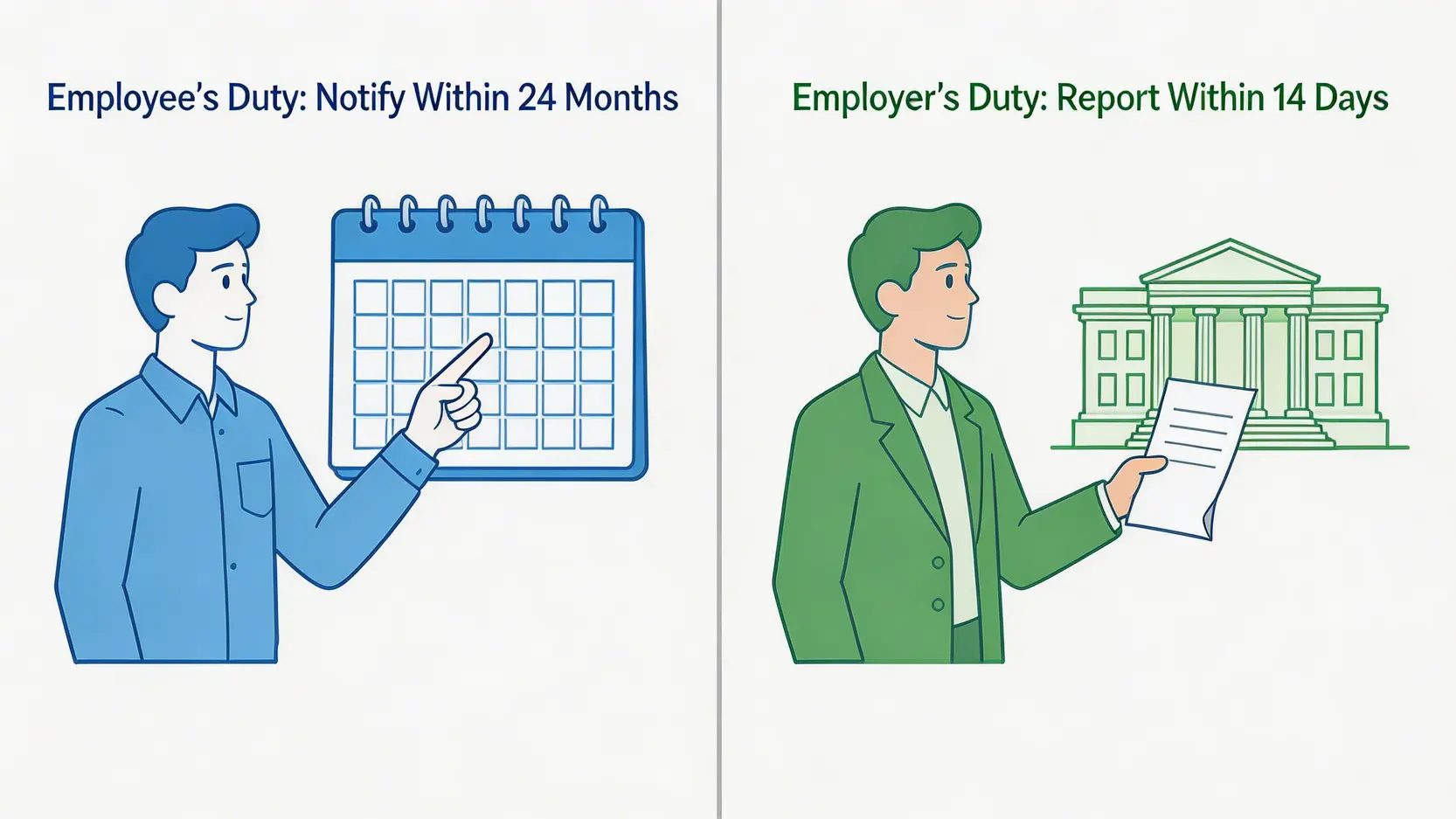 【2026】工傷賠償計算方法:4/5糧點計?追溯期、年資影響懶人包 5 僱員與僱主在工傷申報時限上的責任對比圖。