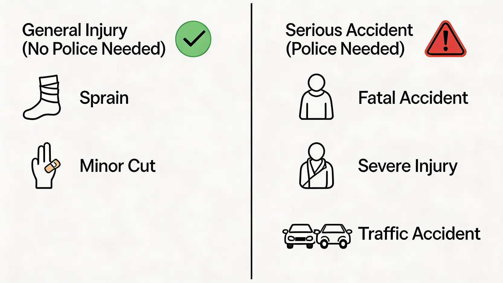 【2026工傷處理懶人包】5步完成工傷意外處理流程,勞工處呈報時限、報警須知一篇睇哂! 4 對比圖,區分一般工傷與需要報警的嚴重意外情況。