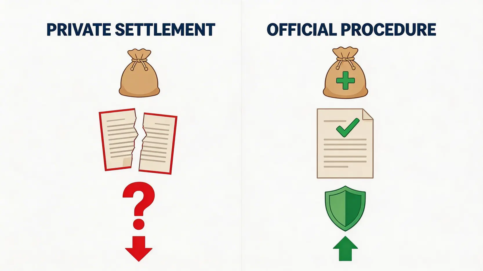 工傷私了後果嚴重嗎?律師警告:簽和解協議書前必睇5大風險(2026最新) 3 工傷私了與法定程序對比圖,顯示私了賠償不足且風險高,而法定程序保障全面。