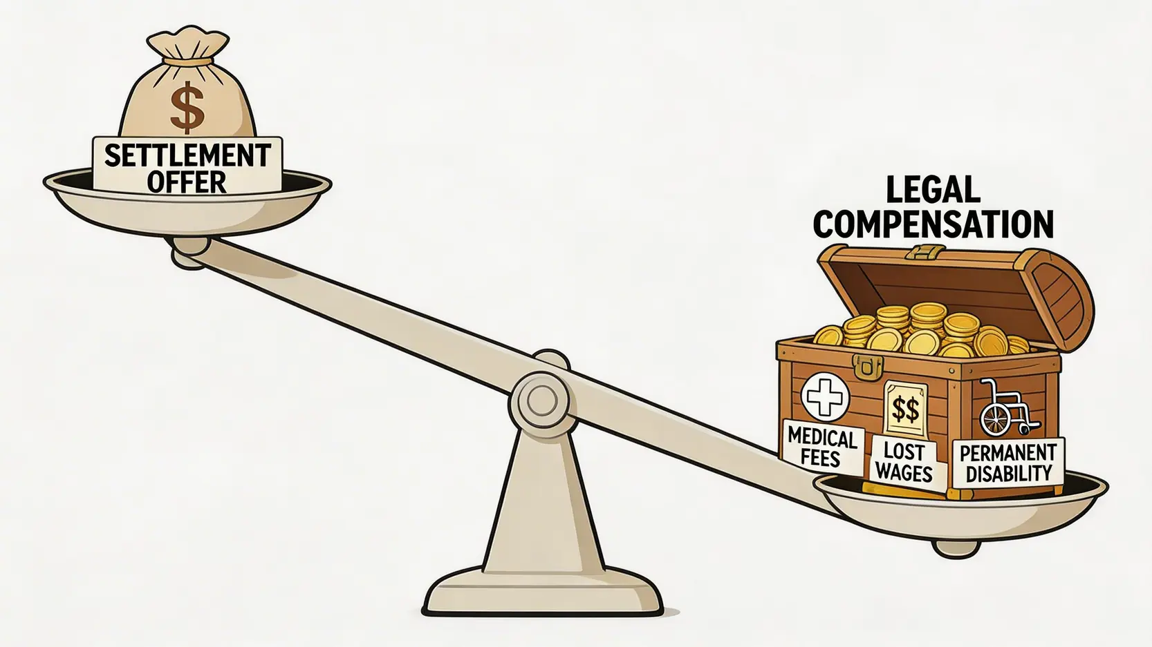 工傷私了後果嚴重嗎?律師警告:簽和解協議書前必睇5大風險(2026最新) 4 一個嚴重傾斜的天秤,顯示私了金額遠遠少於法定工傷賠償應得的總額。