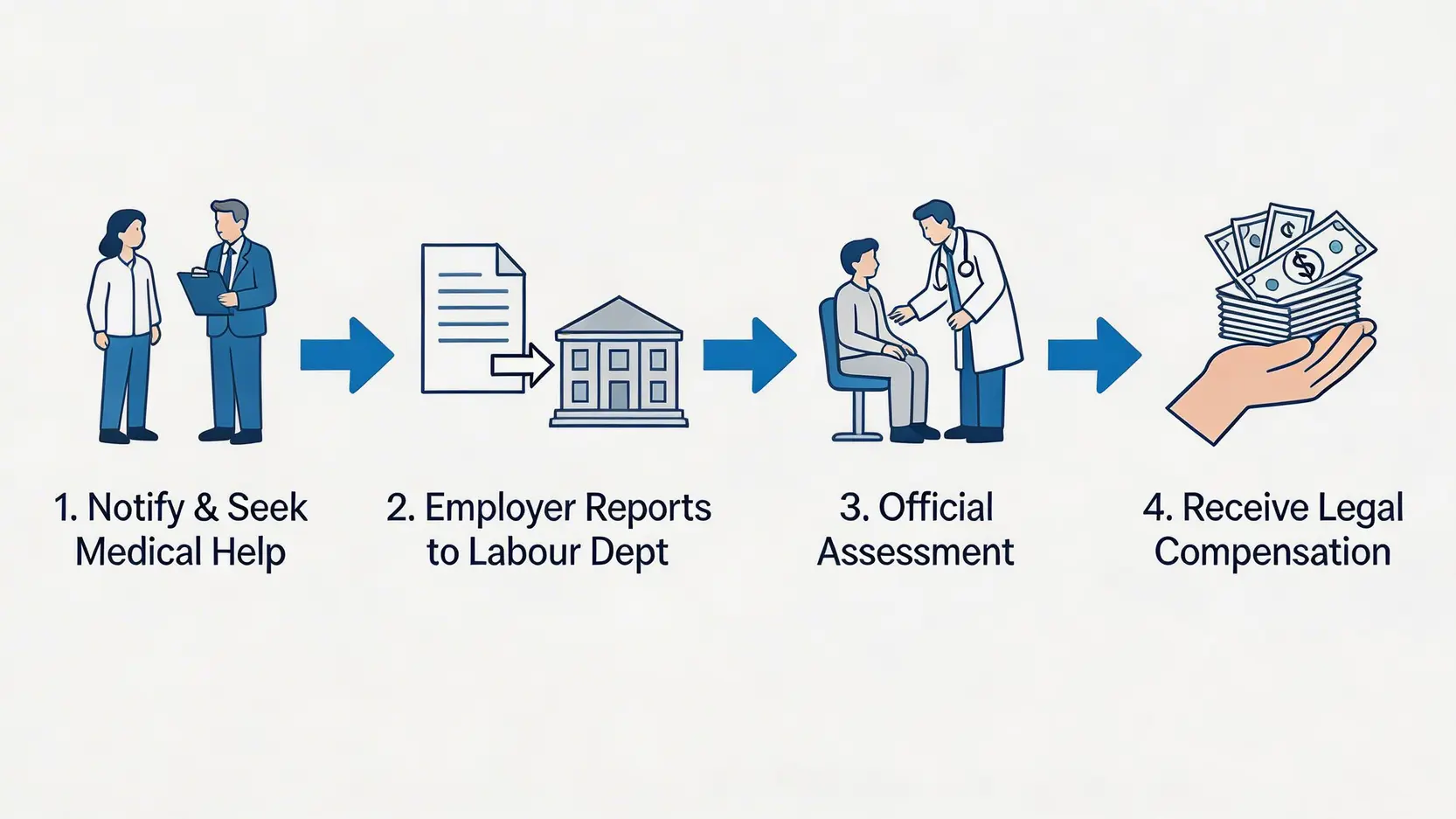 工傷私了後果嚴重嗎?律師警告:簽和解協議書前必睇5大風險(2026最新) 5 正確的工傷處理呈報四步驟流程圖:通知僱主、僱主呈報、勞工處判傷、獲取賠償。