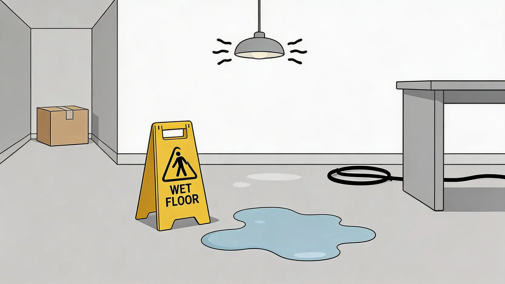 工作期間滑倒算工傷嗎?2026香港工傷疏忽索償判例+賠償金額計算全解析 3 一張辦公室安全隱患示意圖,顯示了濕滑的地面、阻擋通道的箱子和橫跨地板的電線等多種危險情況。