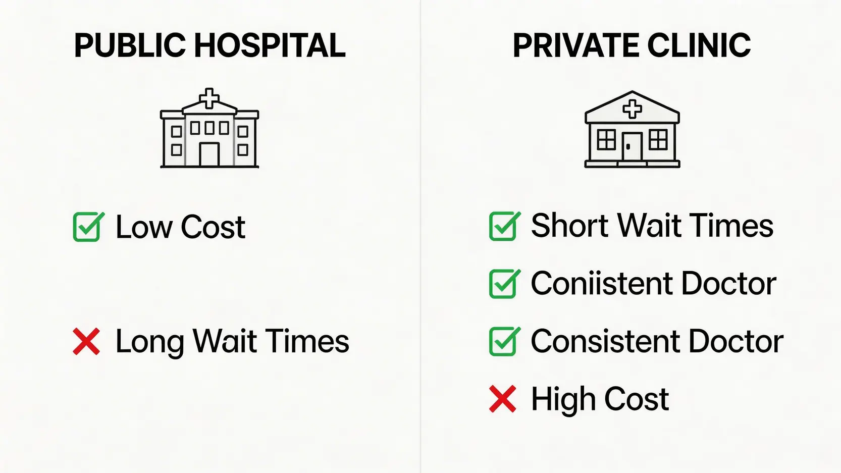 【2026最新指南】工傷判傷醫生推薦 | 5大關鍵教你揀啱醫生,寫好醫療報告,避開索償陷阱 4 公立醫院與私家醫生在處理工傷個案時的優點與缺點對比圖。