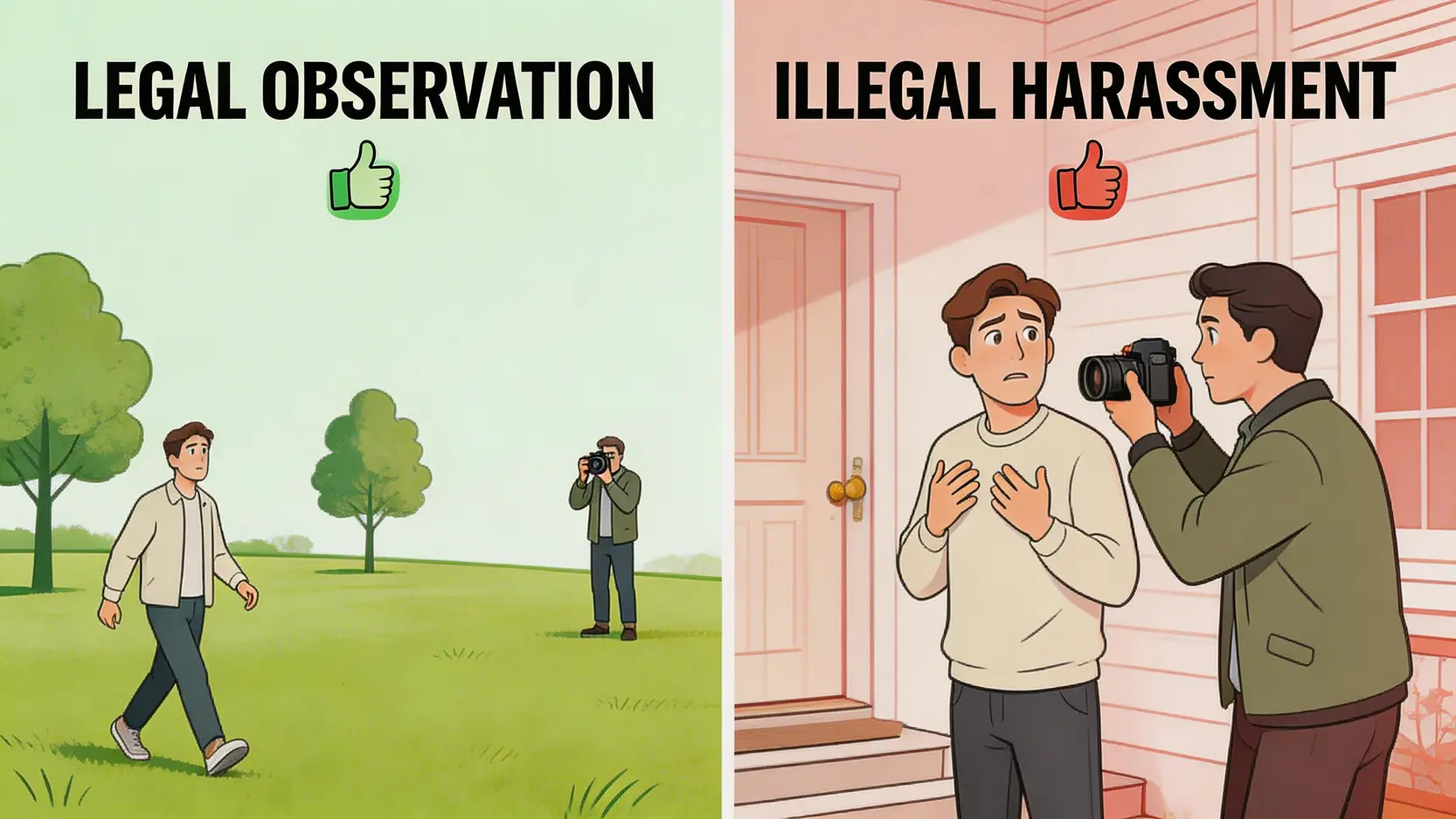 【2026工傷調查懶人包】被保險公司公證行跟蹤、偷拍?5大應對策略與法律責任分析 4 一張對比圖,展示工傷調查中合法觀察與非法滋擾的區別。左邊顯示在公園等公眾地方的合法觀察,右邊顯示在家門口等私密空間的過度跟蹤構成非法滋擾。